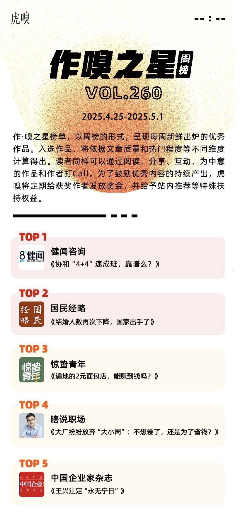 GAMESTAR娛樂：虎嗅【作·嗅之星】周榜第260期